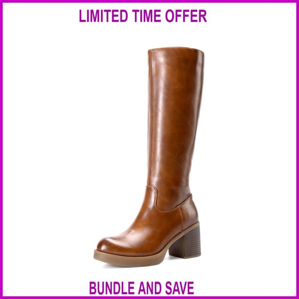 Women's Knee High Boots Chunky Platform Heel Round Toe Side Zipper